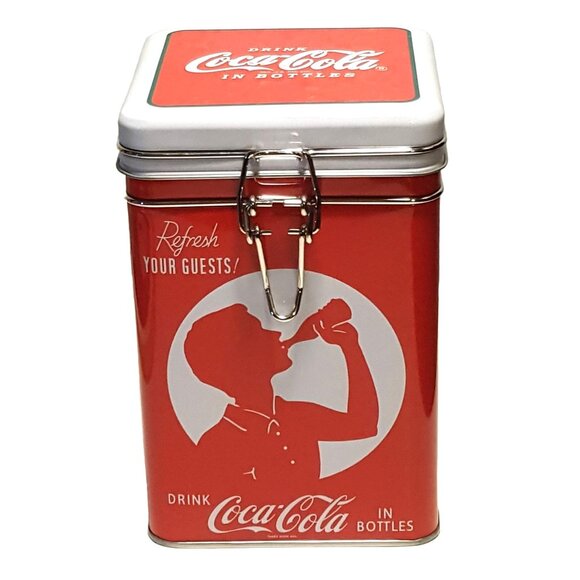 2015 Coke Coca-Cola Tin Box Company Canister Latch Top Refresh Your Guests Tin - Picture 1 of 7